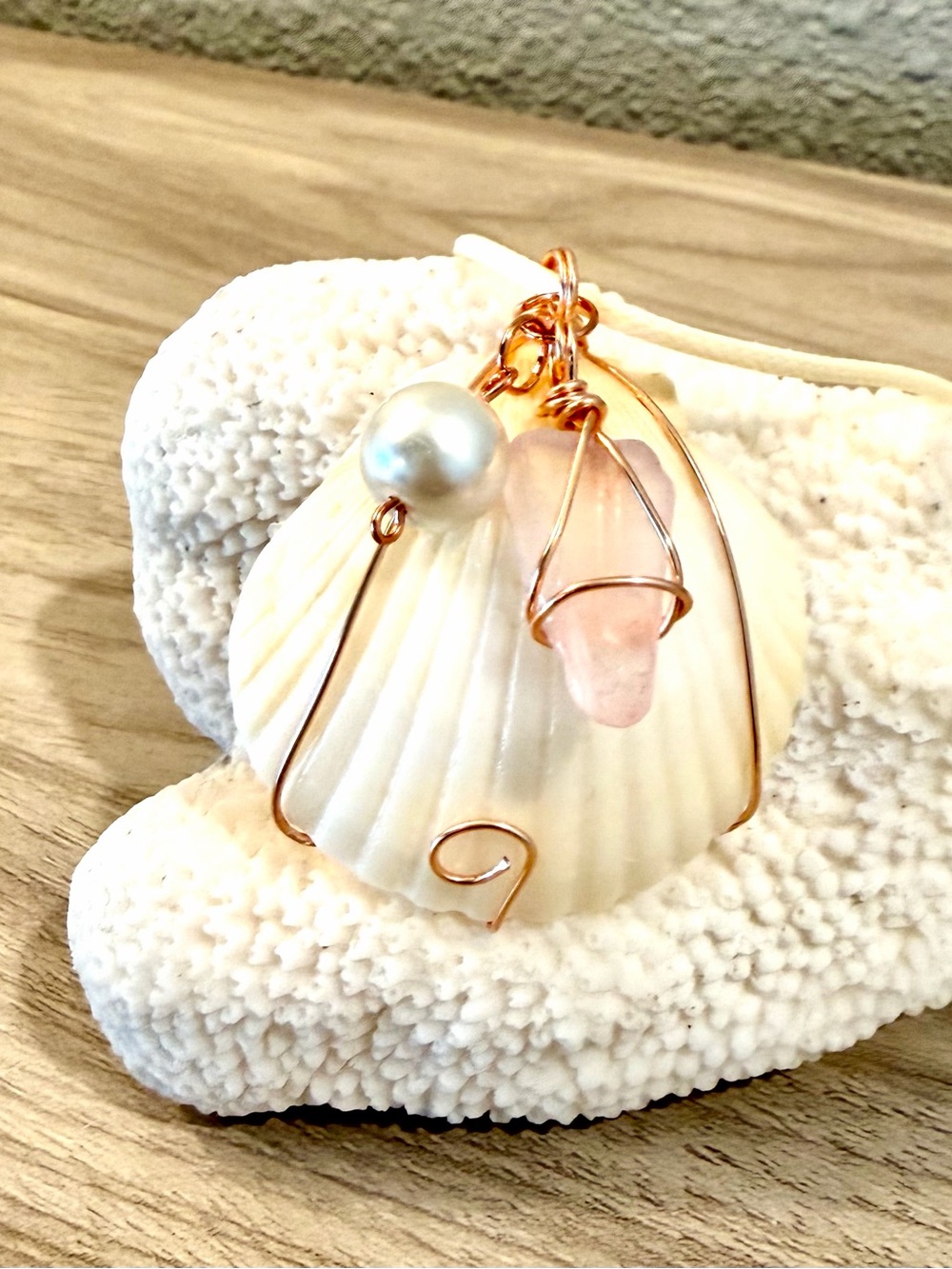 7. Handmade light pink sea glass and faux pearl scallop shell necklace